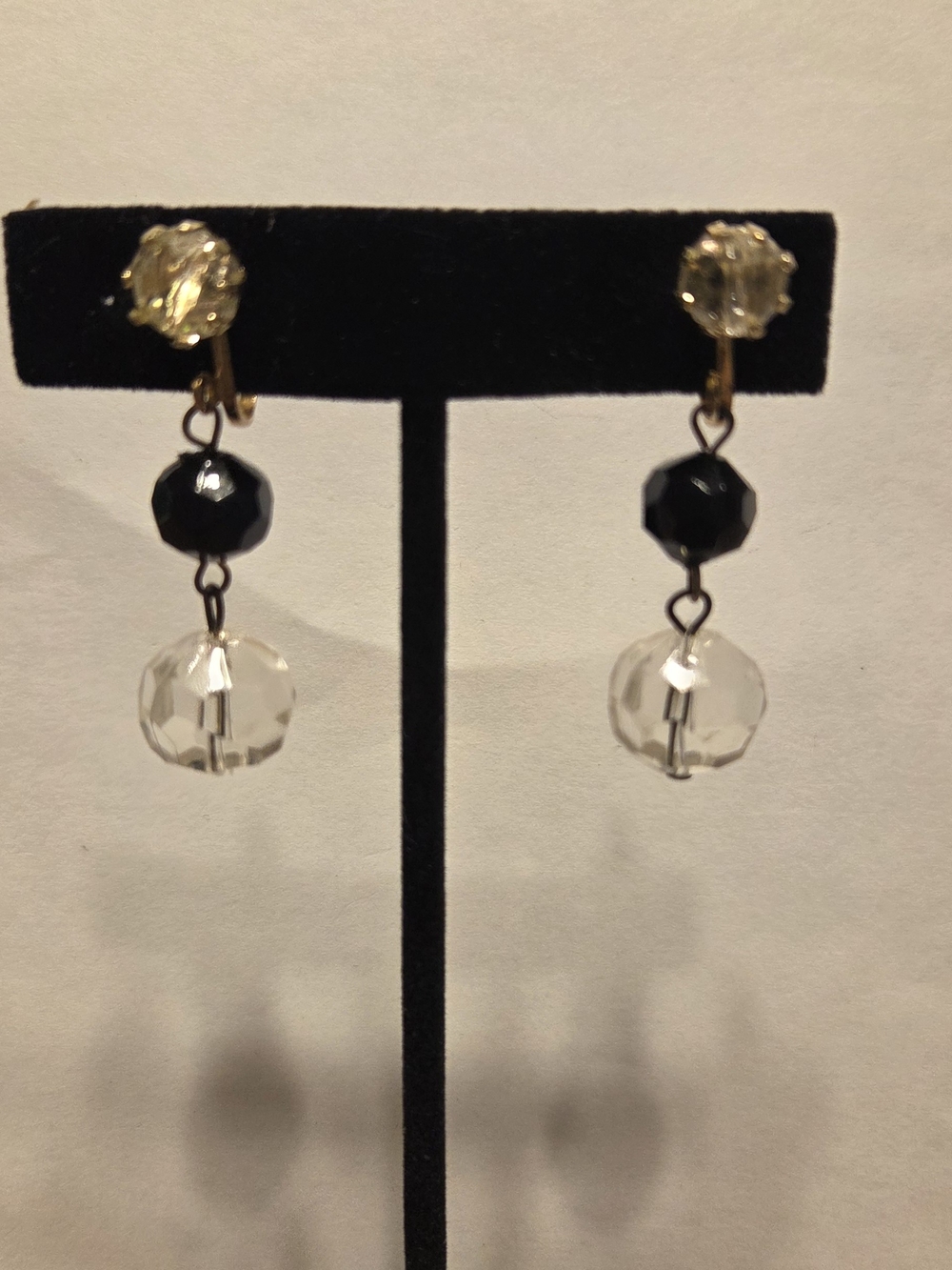 Vintage Hong Kong Black and Clear Bead Clip-On Earrings